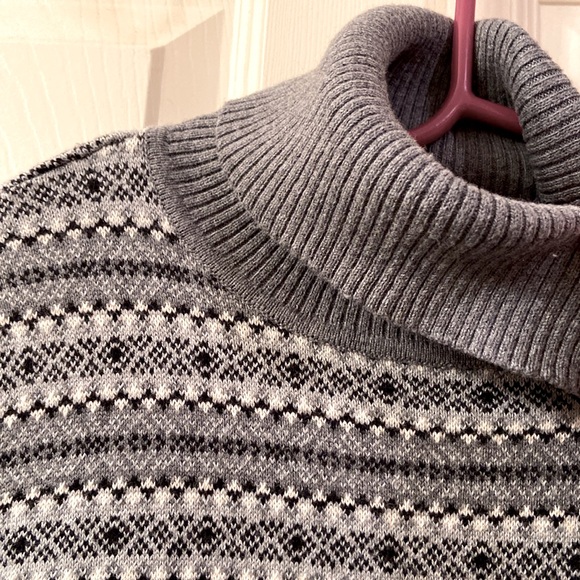 LL Bean Turtleneck Sweater Fair Isle pattern Grey Black White Cotton Cashmere MP - Picture 5 of 12